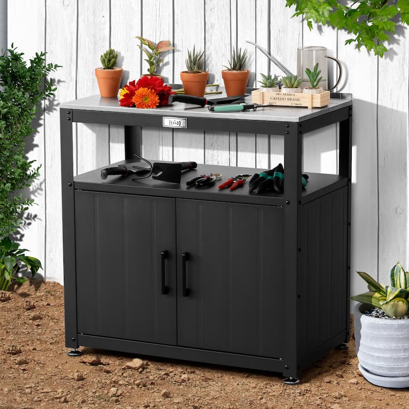 Feasto Stainless Steel Garden Potting Bench with Storage Cabinet - Black