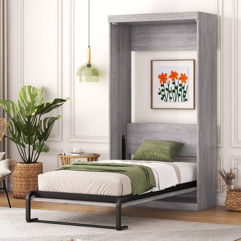 Space-Saving Twin Size Folding Cabinet Bed, Gray - Grey