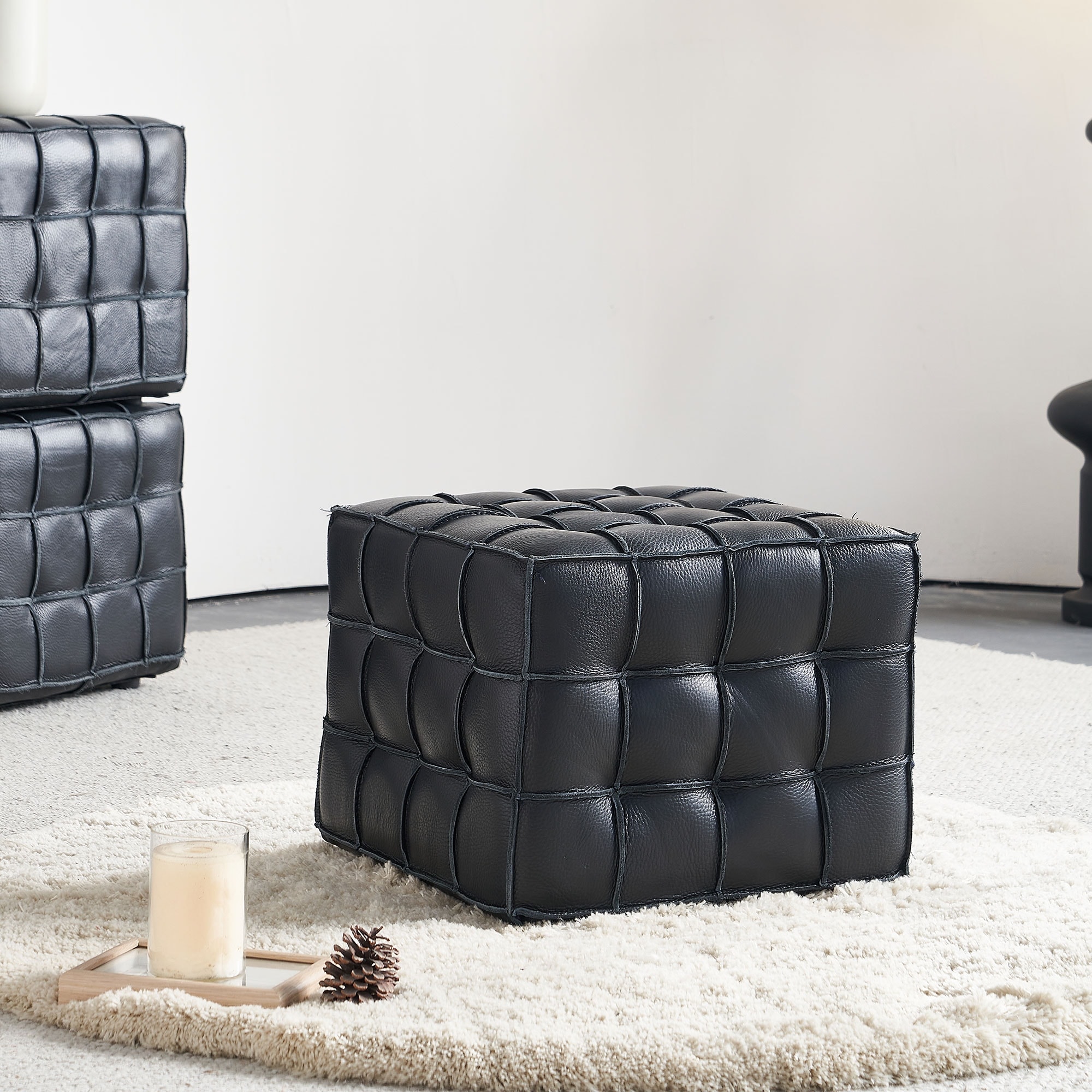 17.32''Genuine Leather Tufted Ottoman,Footstool For Living Room & Bedroom