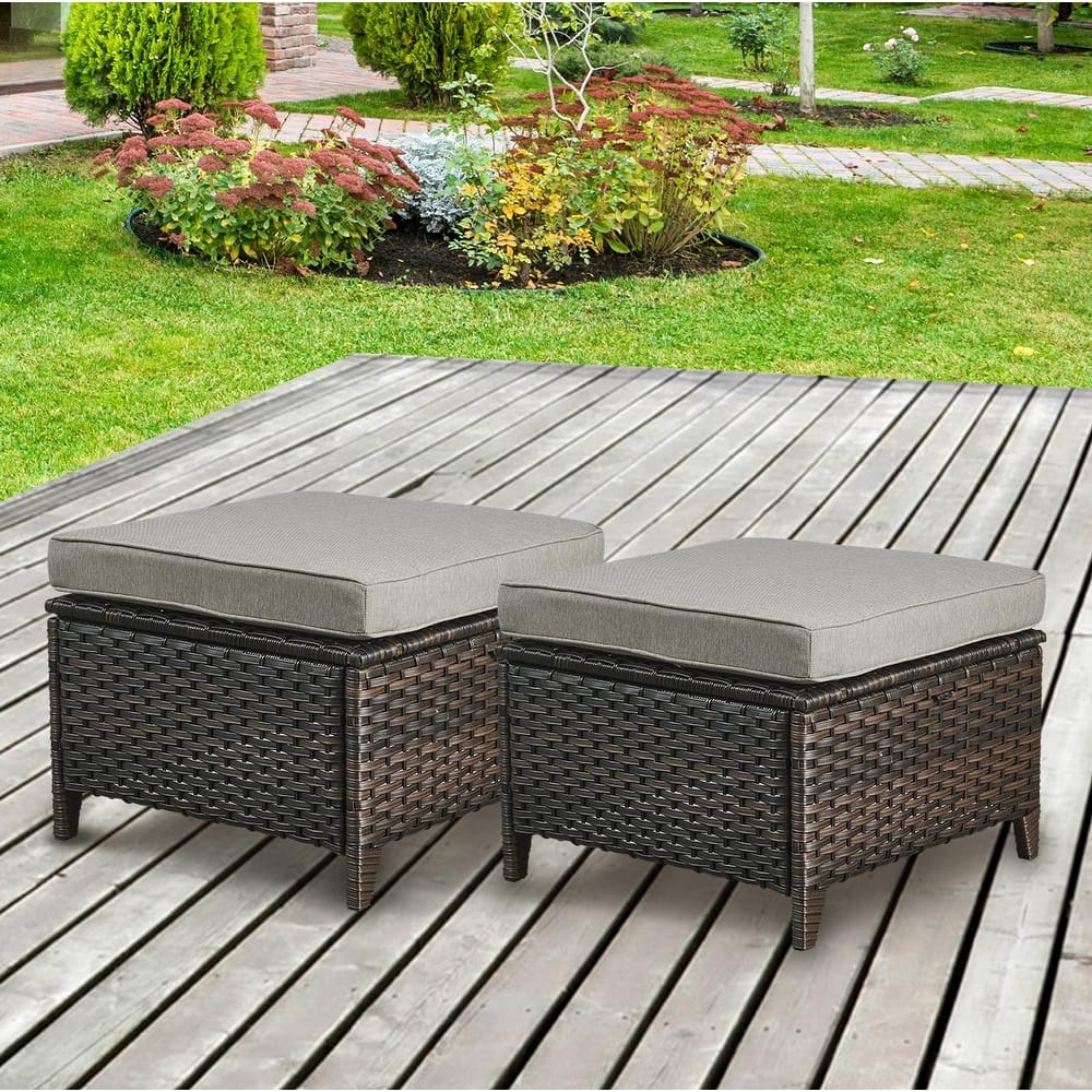 Gymojoy Outdoor Durable Wicker Ottomans with Olefin Cushions