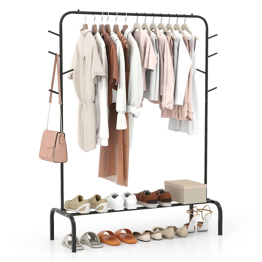 Gymax 50-Inch Wide Metal Garment Wardrobe Rack w/8 Hooks & Storage