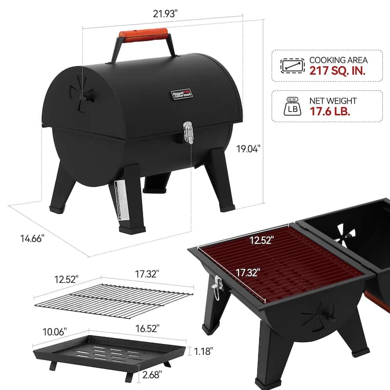 Royal Gourmet Portable Charcoal Grill with Two Side Cooking Area