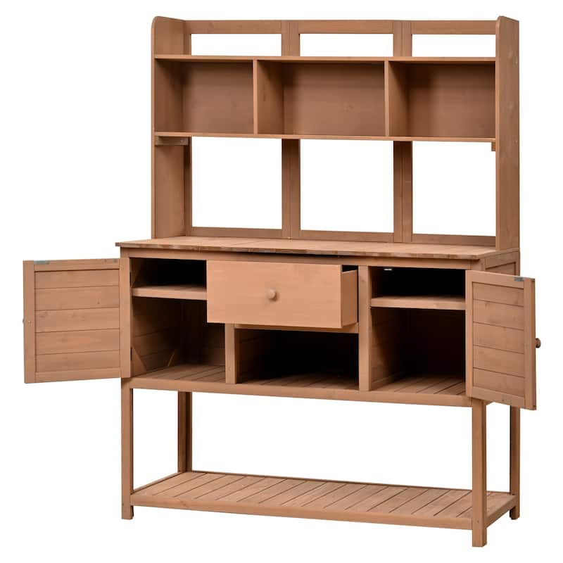 Roomfitters Outdoor Potting Bench Table, Solid Fir Wood with Hutch, storage units & Adjustable Shelves for Planting