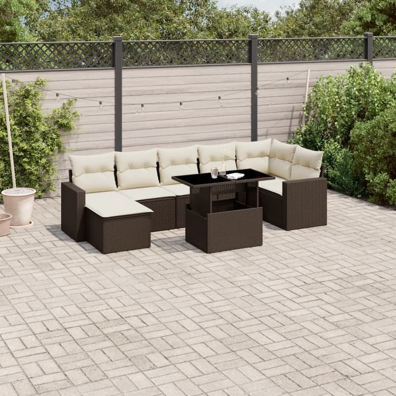vidaXL Patio Sofa Set with Cushions Outdoor Furniture 8 Piece Poly Rattan - Brown and Cream-without storage - 21.7 x 39.4 x 27.2