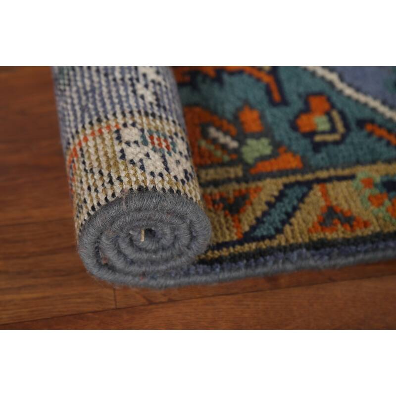 Blue Geometric Kazak Indian Accent Rug Handmade Floral Wool Carpet - 2'7"x 5'10"