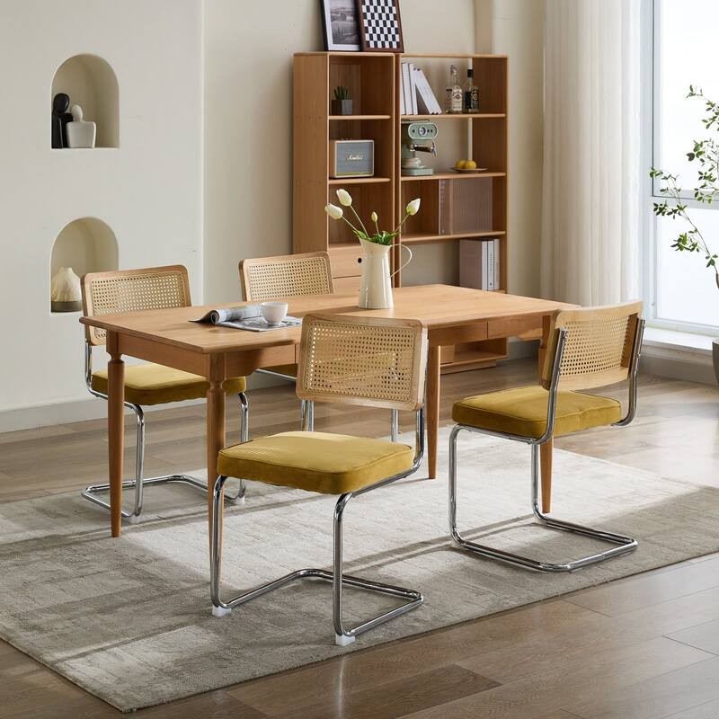 GDF Studio - Mid-Century Linen Dining Chairs with Natural Rattan Cane Back & Chrome Cantilever Base, Set of 2