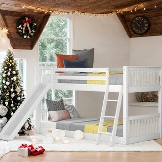 White Sturdy TBunk Bed with Built-in Slide and Ladder,Twin over Twin Kids Bed