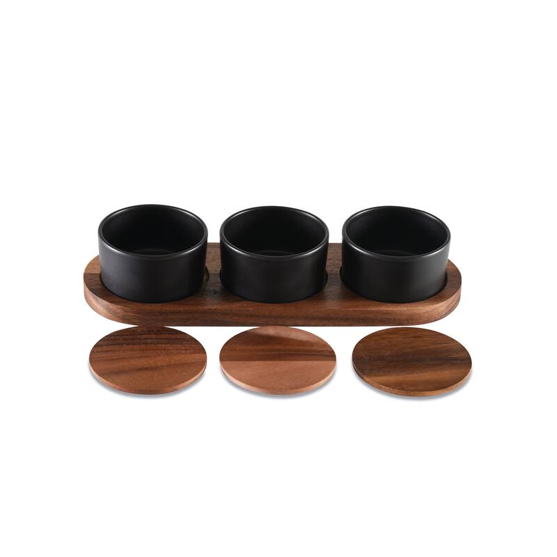 Black Ceramic Condiment Set on Acacia Wood Base