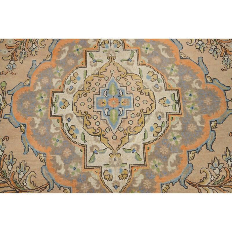 Hand Knotted Oriental 100% Wool Carpet Traditional Floral Peach Tabriz Area Rug - 12' 6'' X 9' 6''