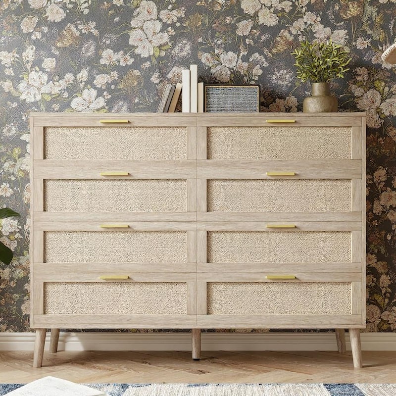 8 Drawer Rattan Dresser, with Handles - Wood