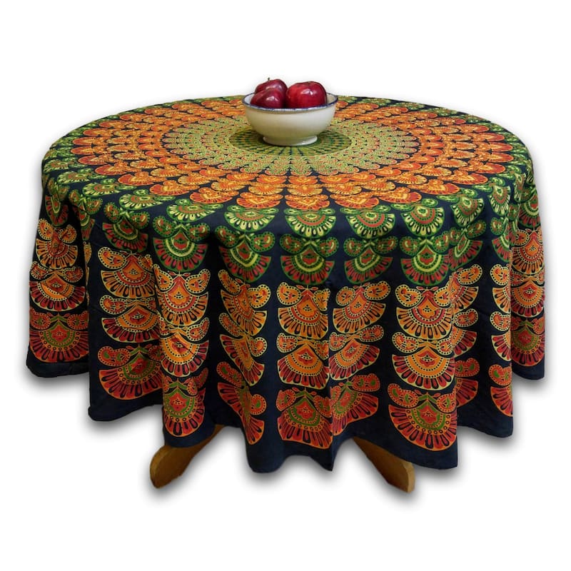 Cheery Peacock Floral Print Cotton Tablecloth Collection - 72-in Round - Green Orange