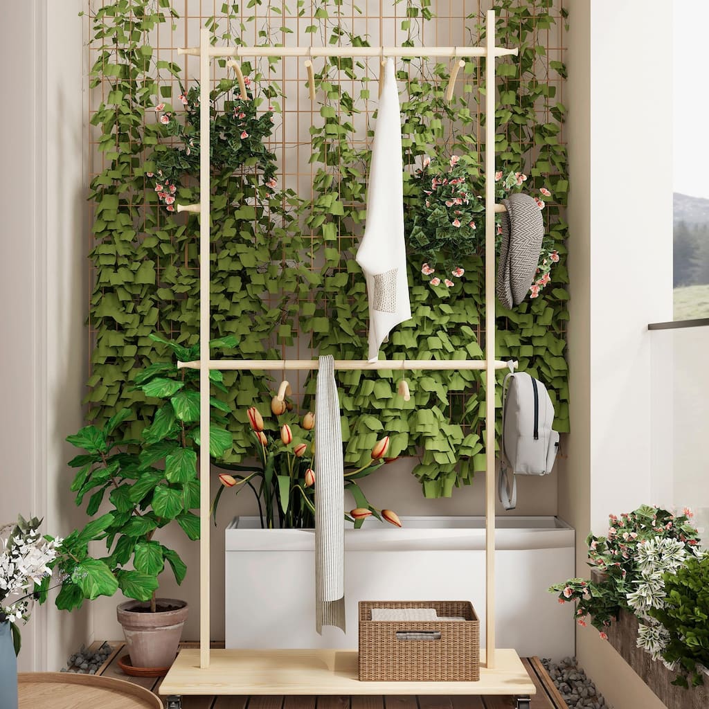 Solid Wood Garment Rack with Wheels & 6 Hangers - Space Saving