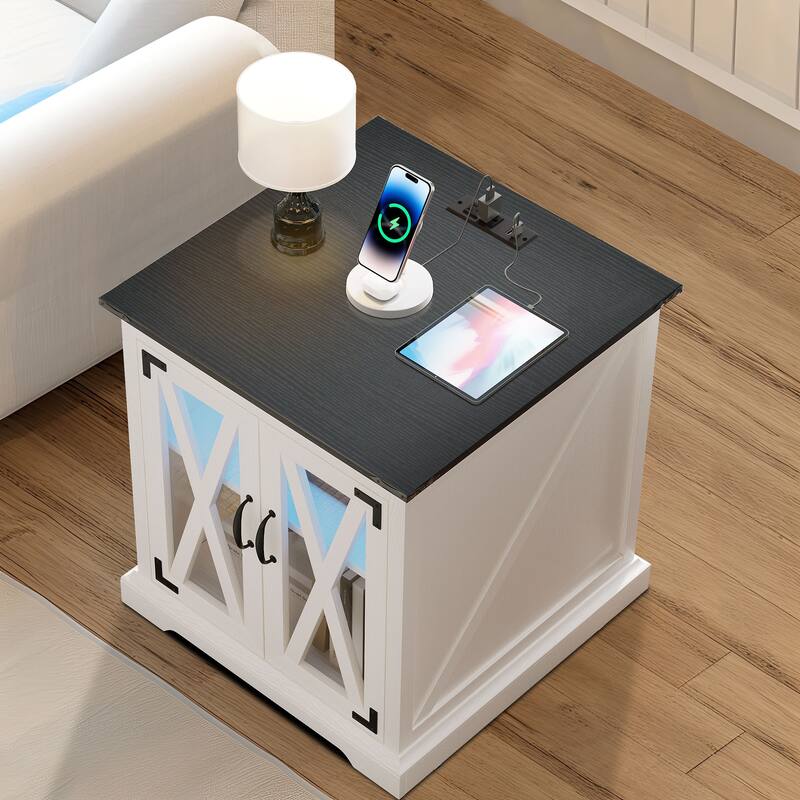 Moasis End Table with Charging Station, Farmhouse Side Table with Storage and Shelves