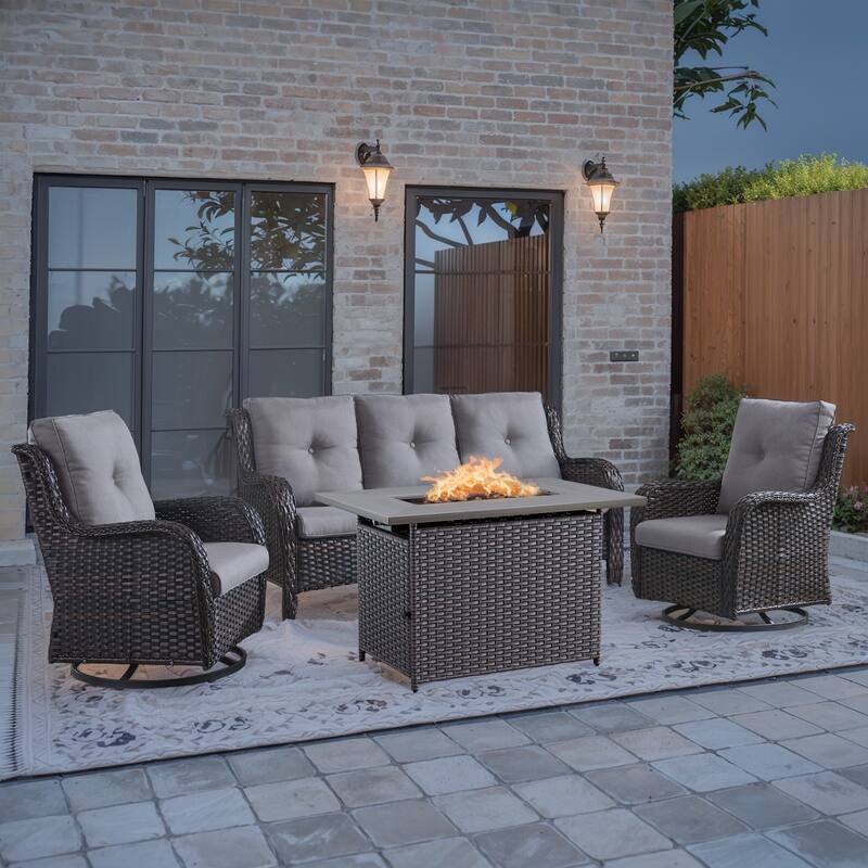 Patio Sofa Sets with Fire Pit Table - Grey - Brown