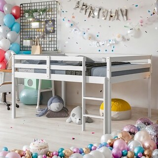 Contemporary Design Full Size Low Loft Bed with inclined Ladder and Guardrails, Under Bed Capacious Space, Space-saving, White