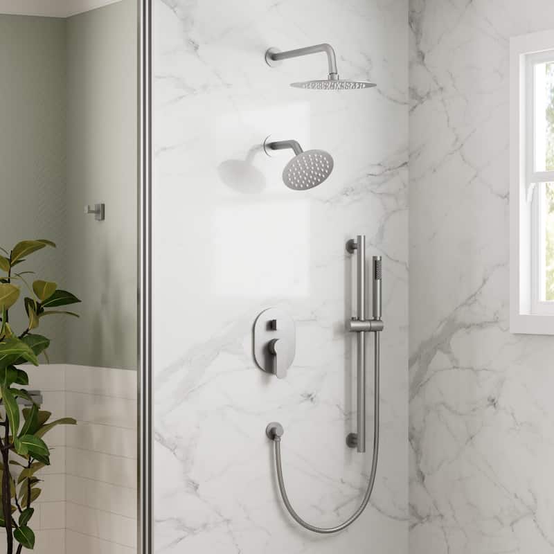 GRANDJOY Dual Heads Shower System 10" and 6" Wall Mount Rainfall Round Shower Faucet Handheld Shower Spray with Slide Bar