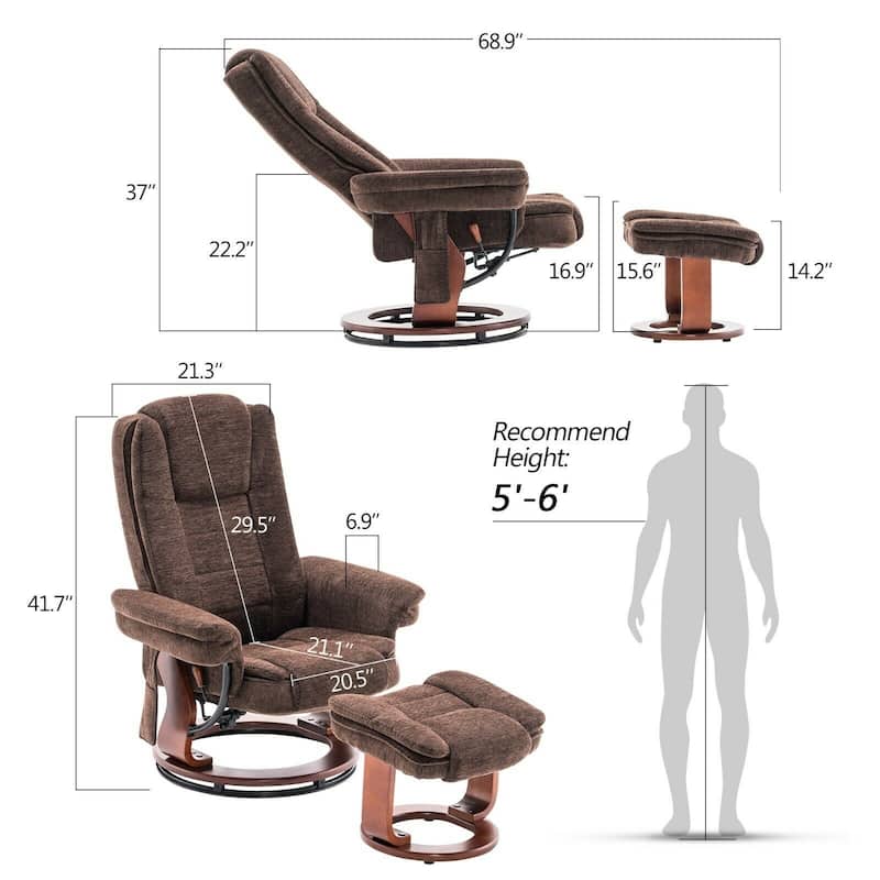 Mcombo Recliner Chair with Ottoman, Fabric Accent Chair with Vibration Massage, Swivel Chair with Wood Base, for Room 9099