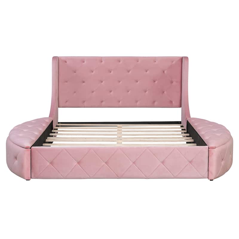 Roomfitters Queen Upholstered Platform Bed, Tufted Wingback Headboard, Velvet Frame, Storage Unit & Semicircular Stools