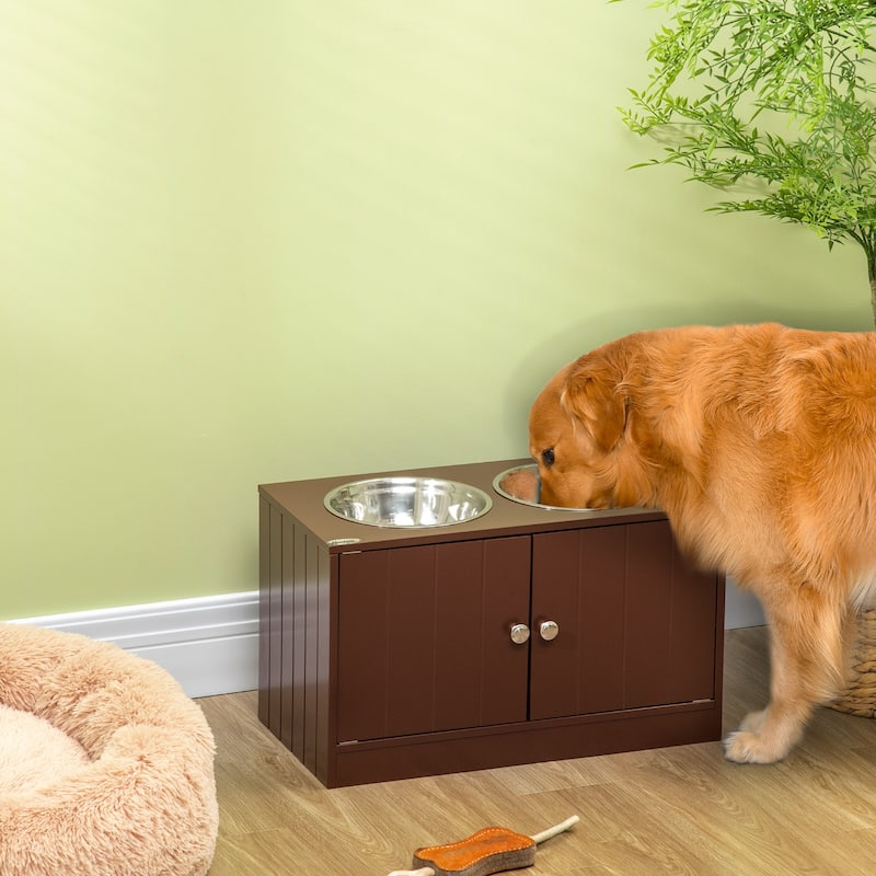 PawHut Large Elevated Dog Bowls with Storage Cabinet Containing Large 44L Capacity, Raised Dog Bowl Stand - Brown