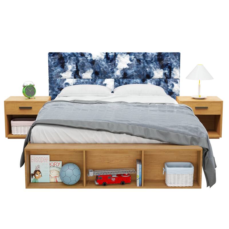 Jaxx Panelist Modern Padded Headboard - Set of 4 Fun Color Panels for Kids - Faux Fur - Blue & White Print - Queen