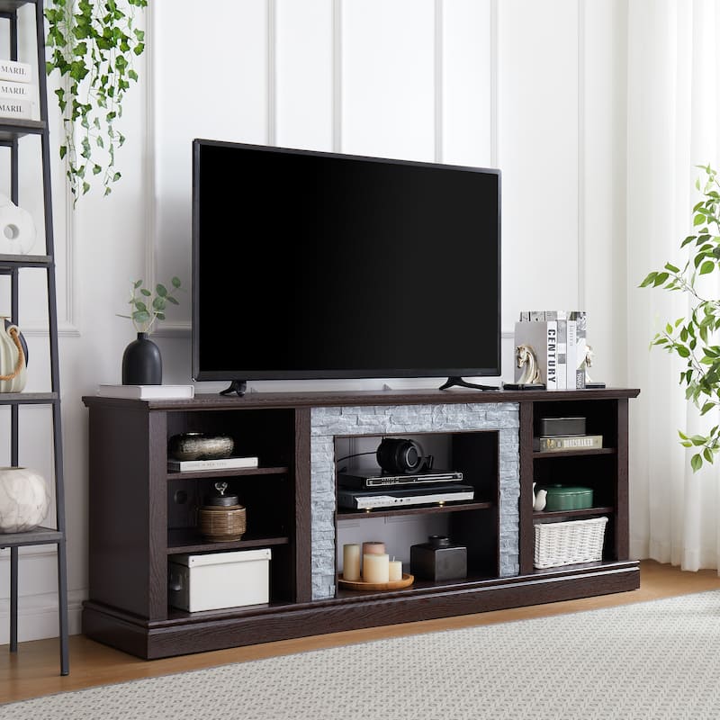 Modern Faux Stacked Stone Surround TV Stand, Desk Storage Rack with Open Storage and Adjustable Shelves, for Living Room