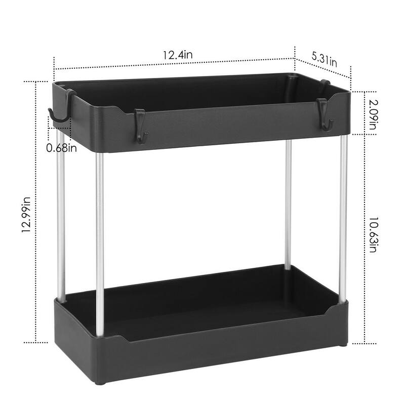2-Tier Bathroom Sink Storage Rack, Kitchen Spice Shelf W/ 4 Hooks