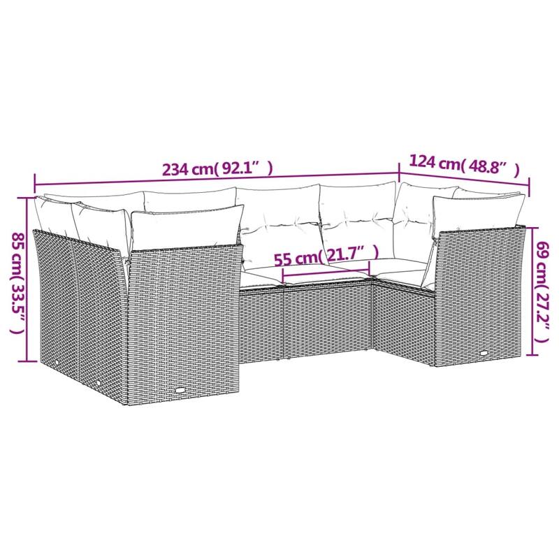 vidaXL Patio Sofa Set with Cushions Outdoor Furniture 6 Piece Poly Rattan - 24.4 x 24.4 x 27.2