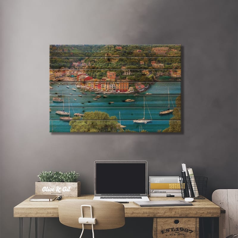 Italy, Liguria, Portofino. Aerial view of town and harbor. Print On Wood by Jaynes Gallery - Multi-Color