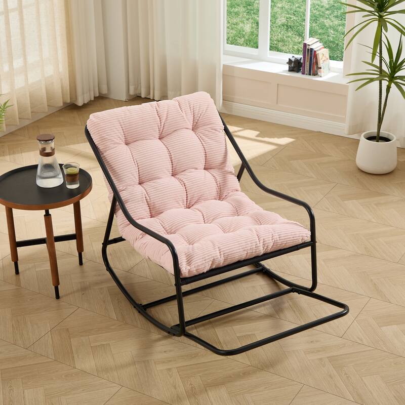 Outdoor Rocking Chair, Comfy Cushion, with Soft Thick Cushion,for Living Room, Bedroom, Reading Room, Black Frame with Cushion - Pink