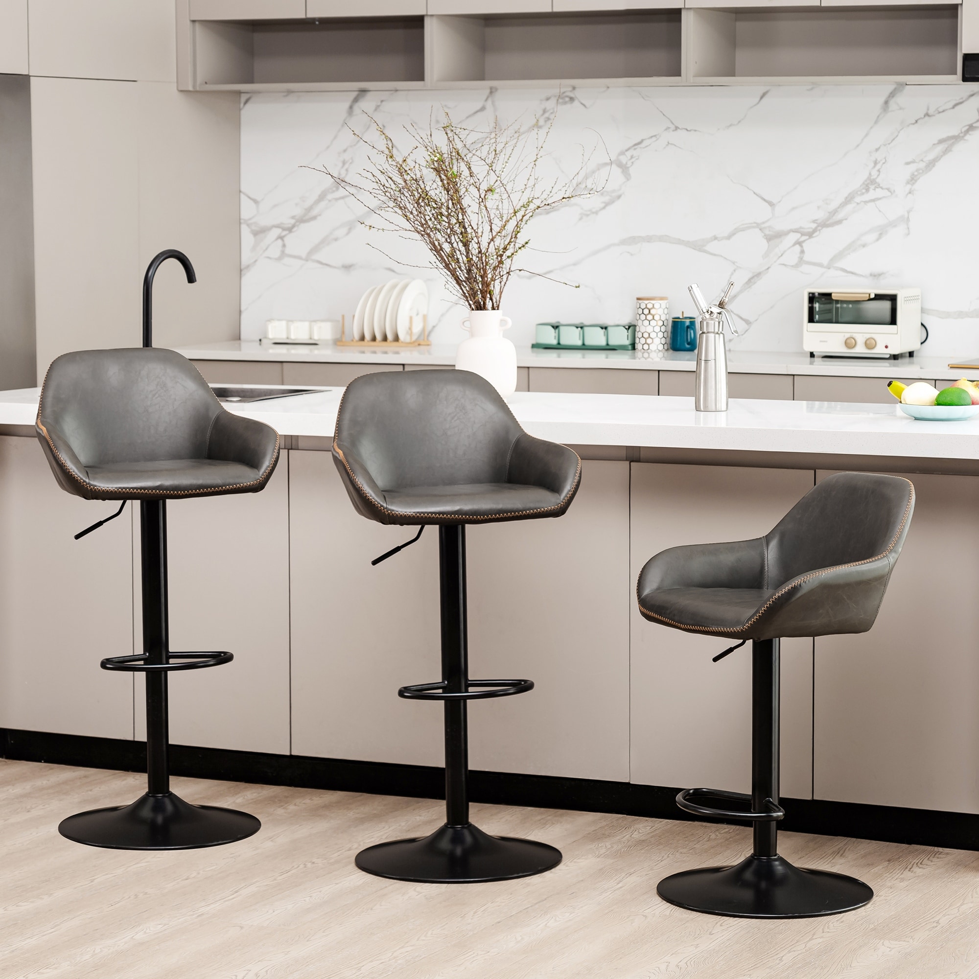 Glitzhome Set of 3 Mid-Century Modern Adjustable Swivel Bar Stools - Set of 3