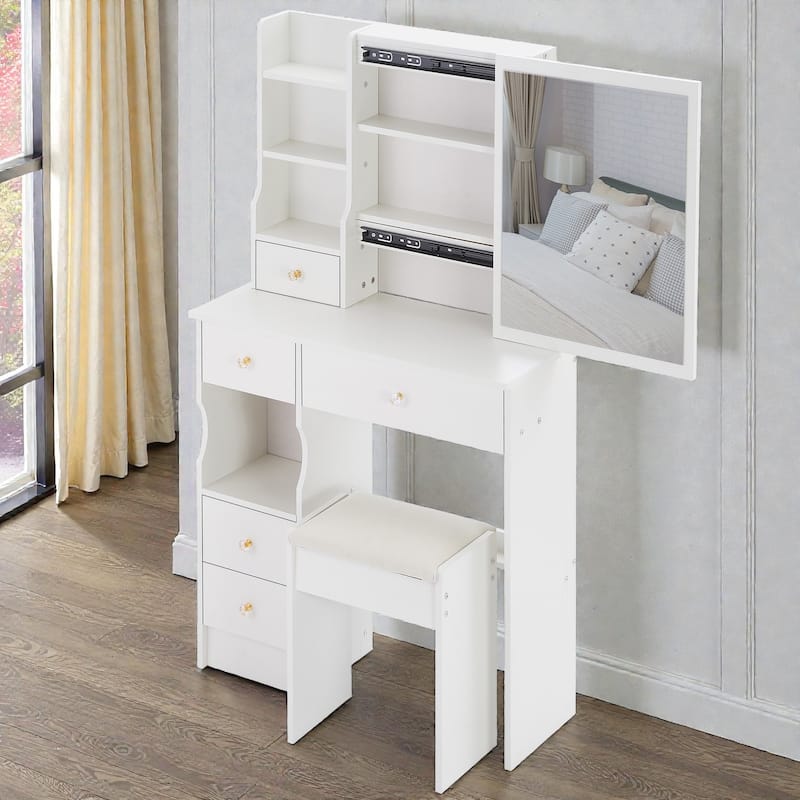 Small Space Vanity Table with Sliding Mirror and Stool, 29.2 Inch Makeup Dresser with Drawer Storage