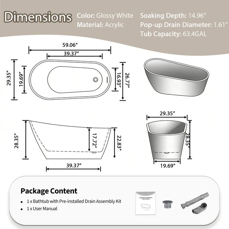 59.06 in. x 29.53 in. Acrylic Freestanding Soaking Bathtub in Gloss white