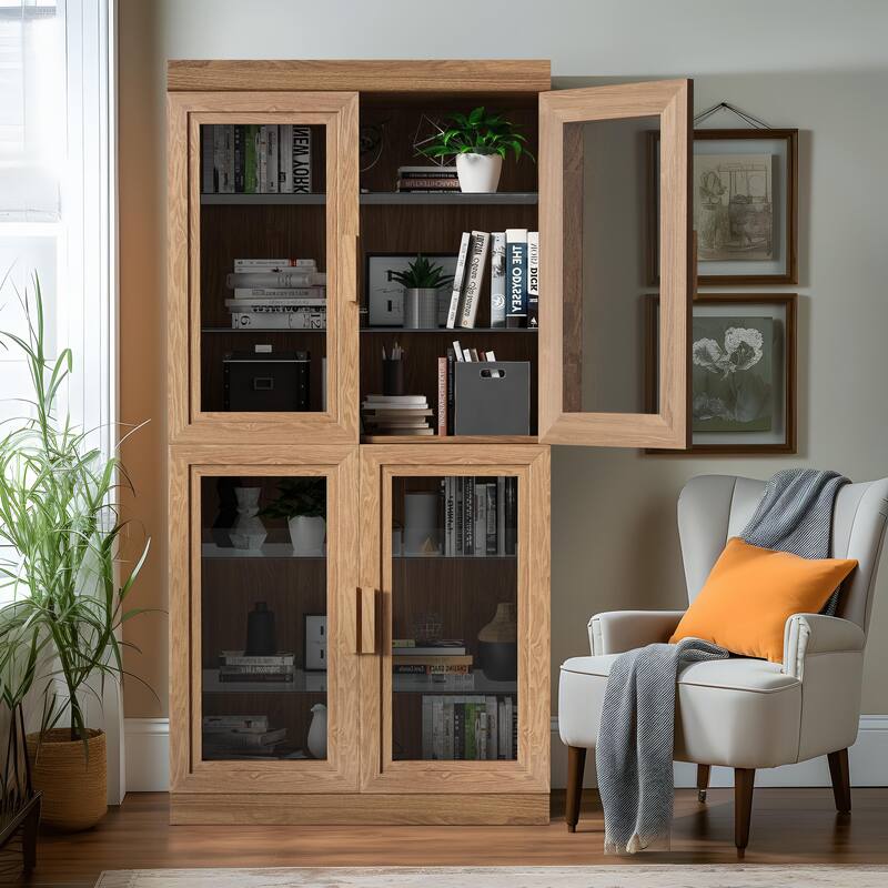 Wood Bookshelf Storage Cabinet with 2 Glass Door and Adjustable Shelf for Kitchen Bedroom Entryway Living Room Dinning Room