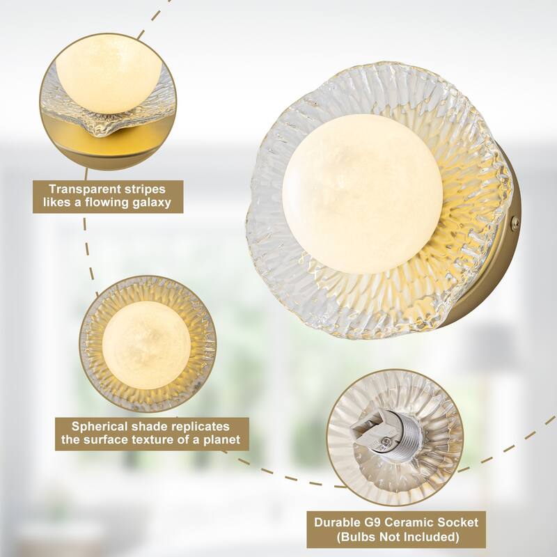 Gold Lotus Leaf Textured Glass Plate Wall Sconce Moon Globe Lampshade