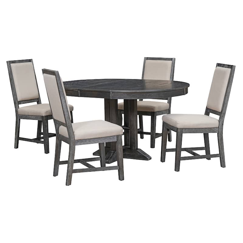 Farmhouse 5-Piece Dining Set with Extendable Round Table and 4 Upholstered Chairs for Kitchen or Dining Room