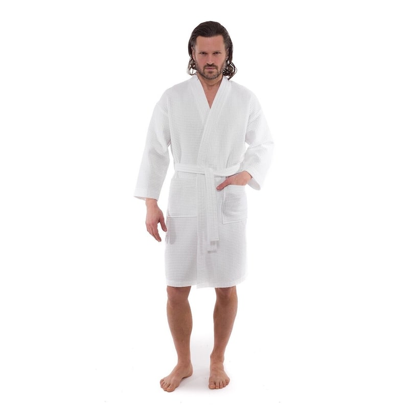 Classic White Turkish Cotton Waffle Weave Kimono Cotton Robe - Hotel Spa and Shower Bathrobes