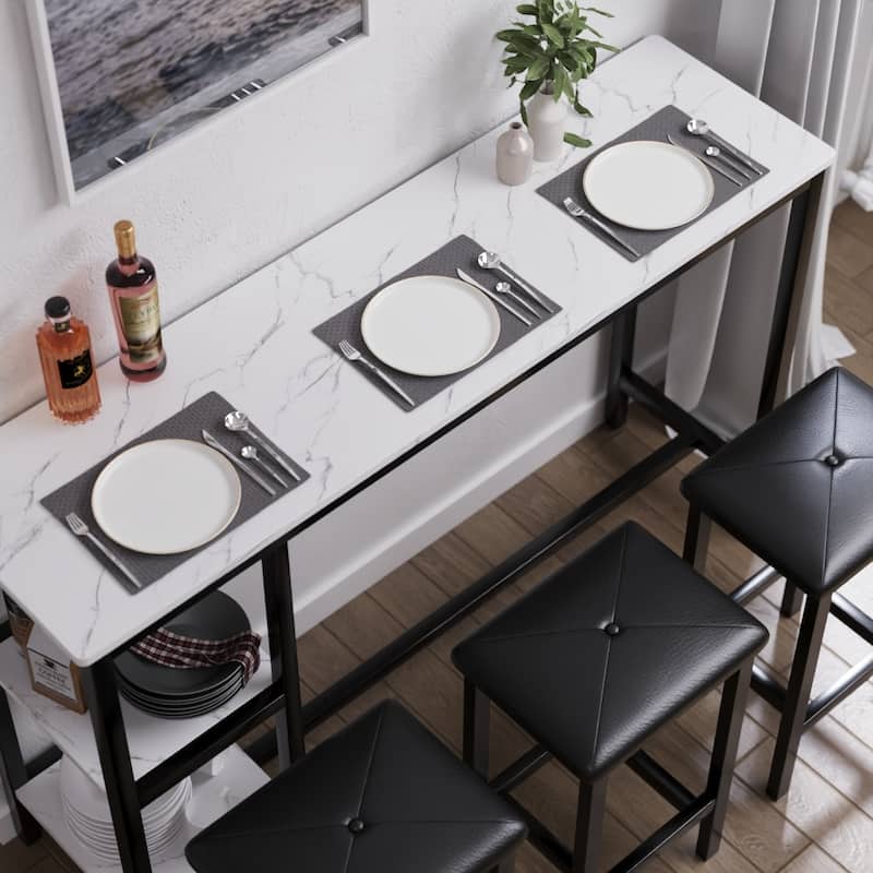 3-People Counter Heihgt Dining Set w/Storage, 4 Piece Kitchen Bar Table Set w/3 Upholstered Stools - White