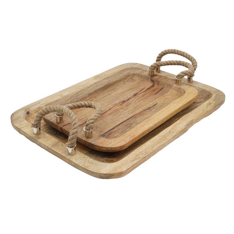 Set of 2 Mango Wood Trays, Twisted Jute Handles, Rustic Brown Texturing