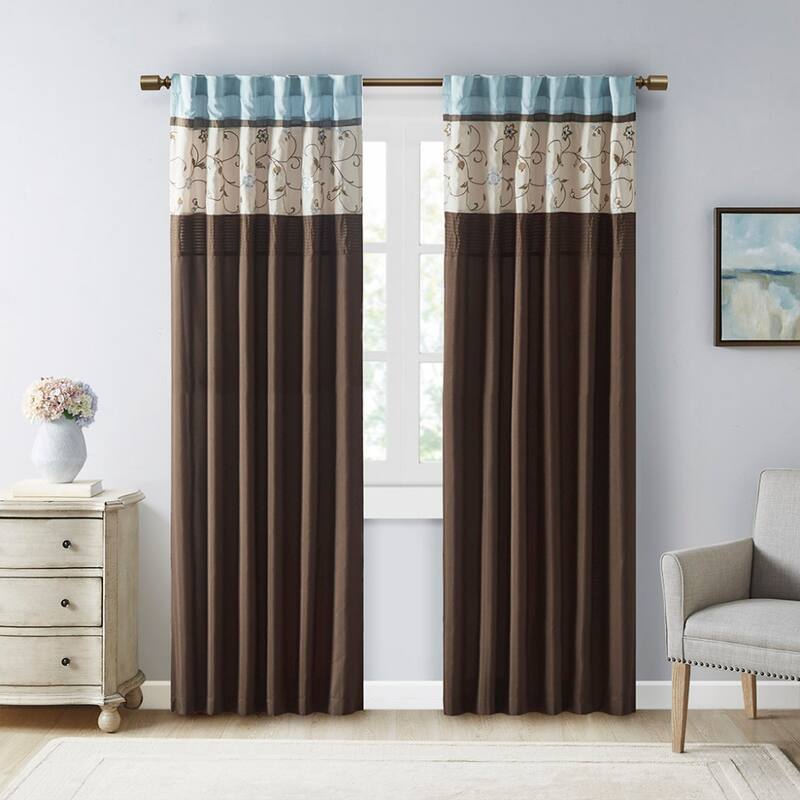 Madison Park Serene Embroidered Curtain Panel - Blue/Brown
