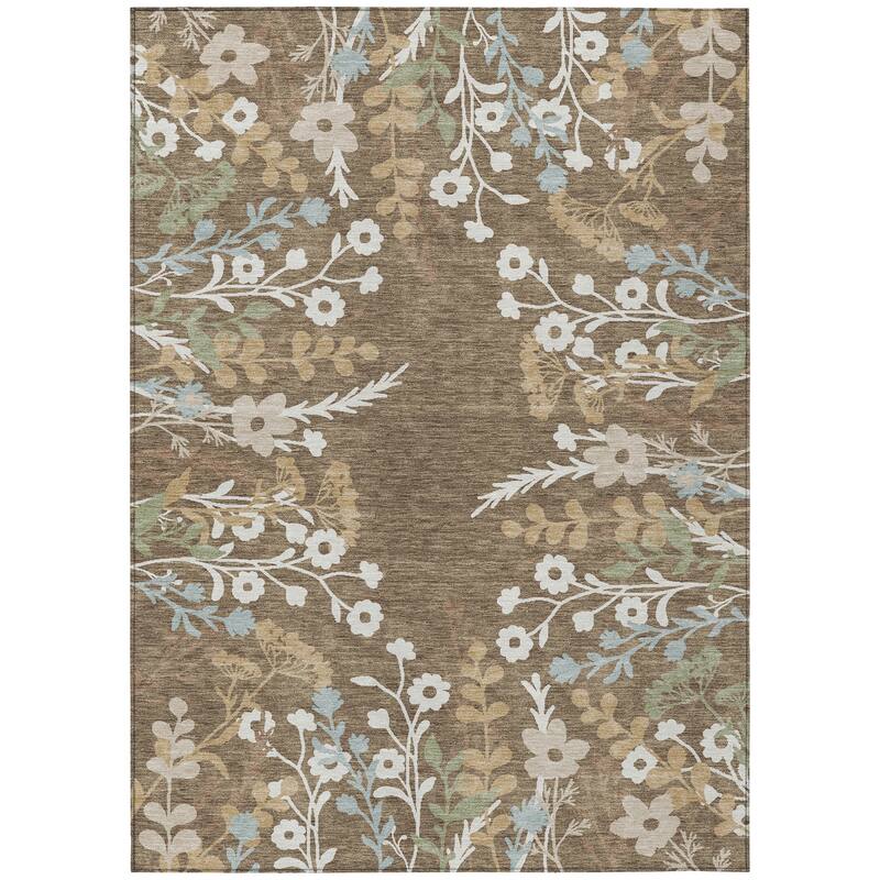 Machine Washable Indoor/ Outdoor Floral Border Chantille Rug