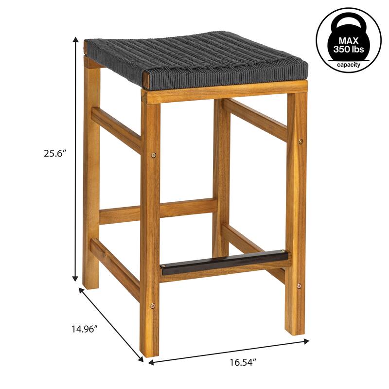 Armand Backless Acacia Wood Outdoor Stool with Woven Rope Seat, (Set of 2)
