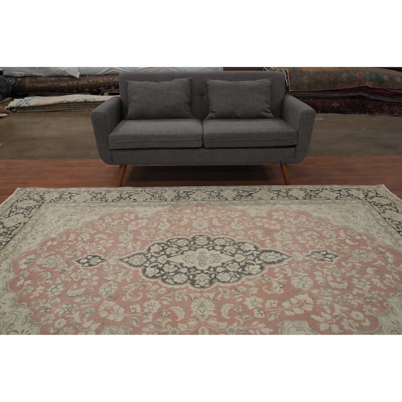 Hand Knotted Oriental 100% Wool Carpet Traditional Floral Pink Kerman Area Rug - 9' 4'' X 6' 11''