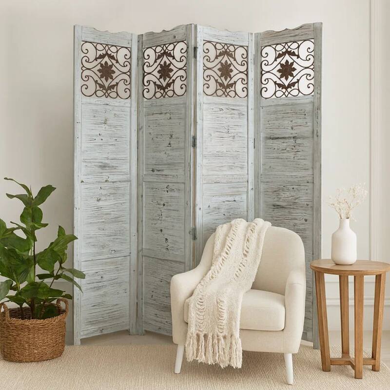 Wooden 4 Panel Screen with Textured Panels and Scrolled Details, White