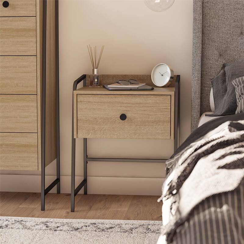 Rustic Nightstand with Drawer and Industrial Metal Frame - Natural