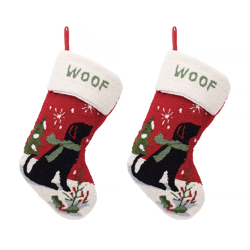 Glitzhome Christmas Hooked Stocking Cat Dog Fox Reindeer Dinosaur(Set of 2) - Dog*2