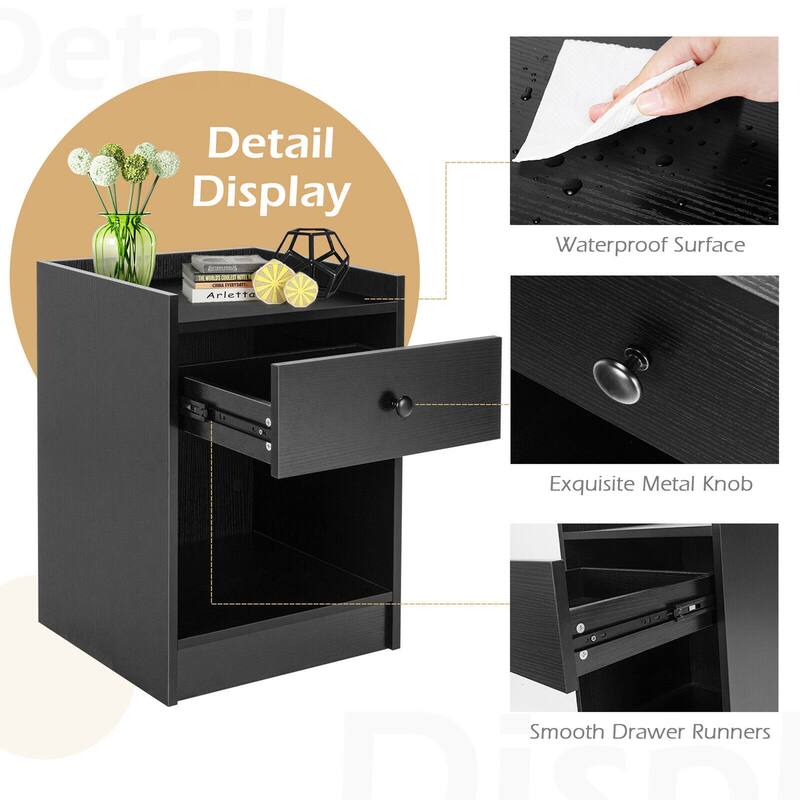 Gymax Set of 2 Nightstand with Drawer Cabinet End Side Table Raised - 17'' x 16'' x 42'' (L x W x H)