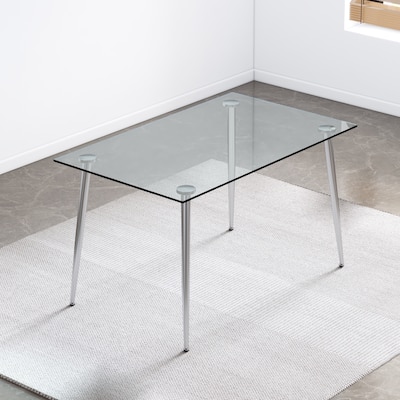 Modern Minimalist Rectangular Glass Dining Table for 4-6 with 0.31" Tempered Glass Tabletop and Silver plating Metal Legs