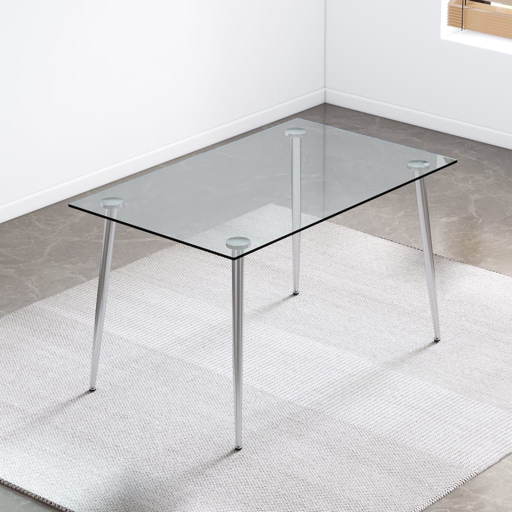 Modern Minimalist Rectangular Glass Dining Table for 4-6 with 0.31" Tempered Glass Tabletop and Silver plating Metal Legs