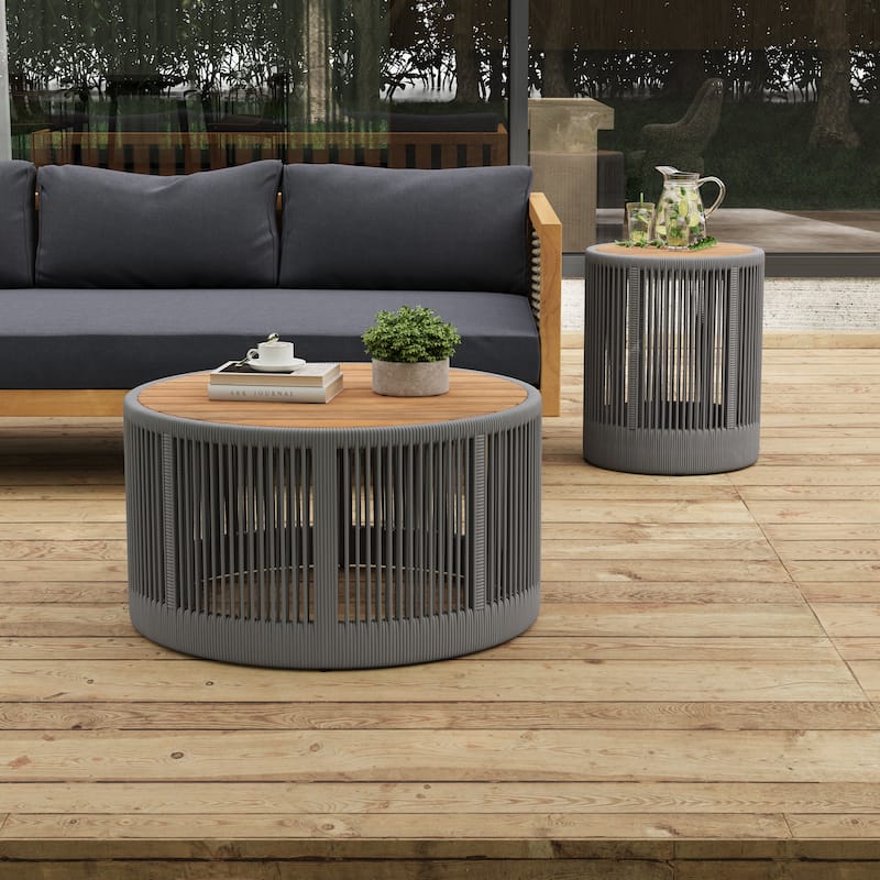 Christopher Knight Home - Everly Patio Acacia Rattan Table Set - Coffee Table+Side Table - Wood Teak Look + Rope Grey + Natural Iron