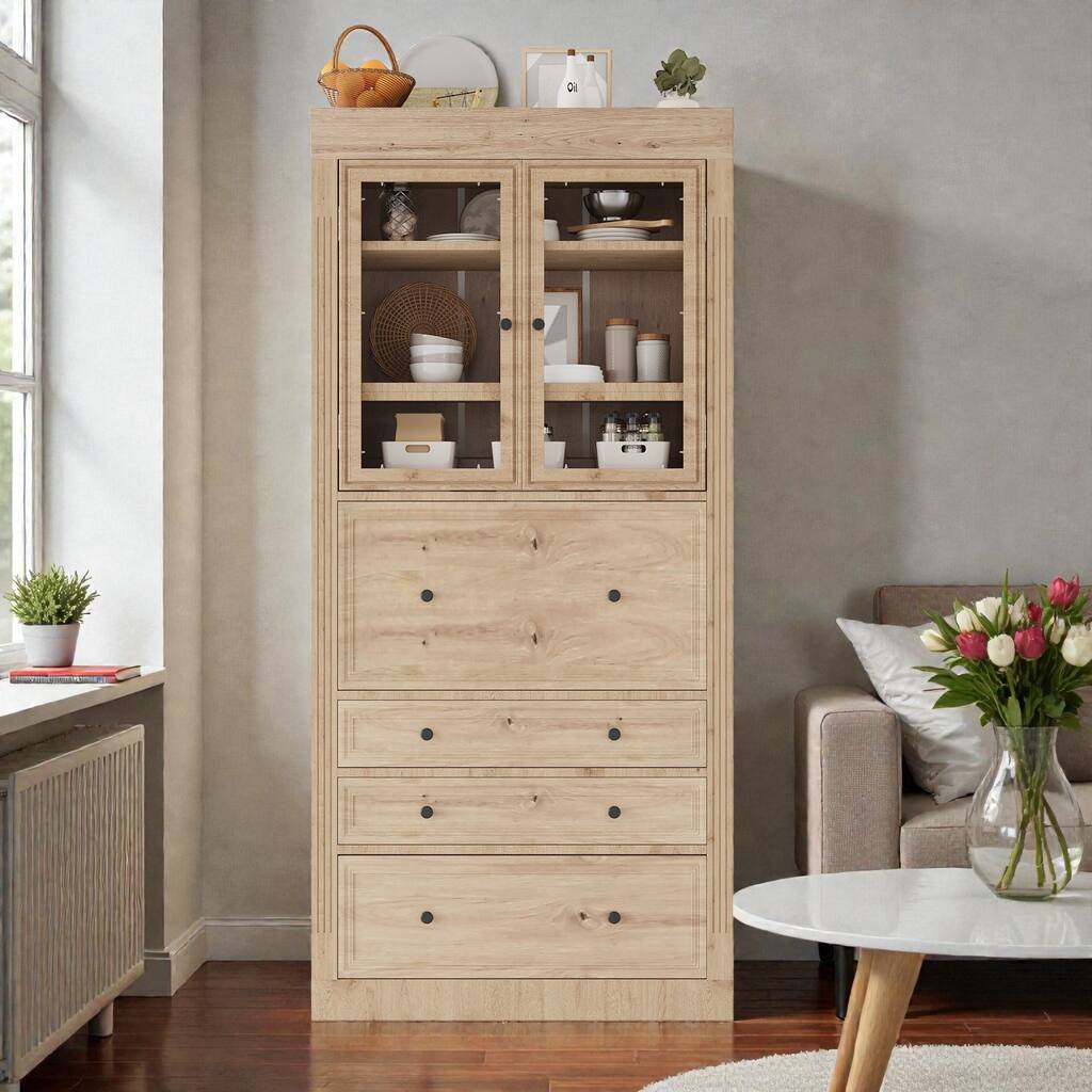 78" Freestanding Kitchen Pantry Cabinet with 3 Drawers, Glass Doors, Adjustable Shelves and Built-In Power Outlet